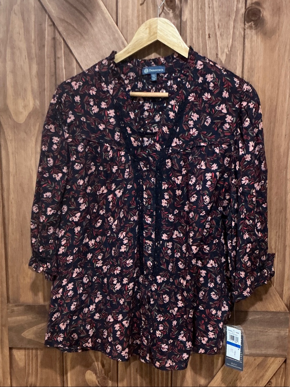 Democracy Floral Tie-Neck Blouse in Black with Pink Accents